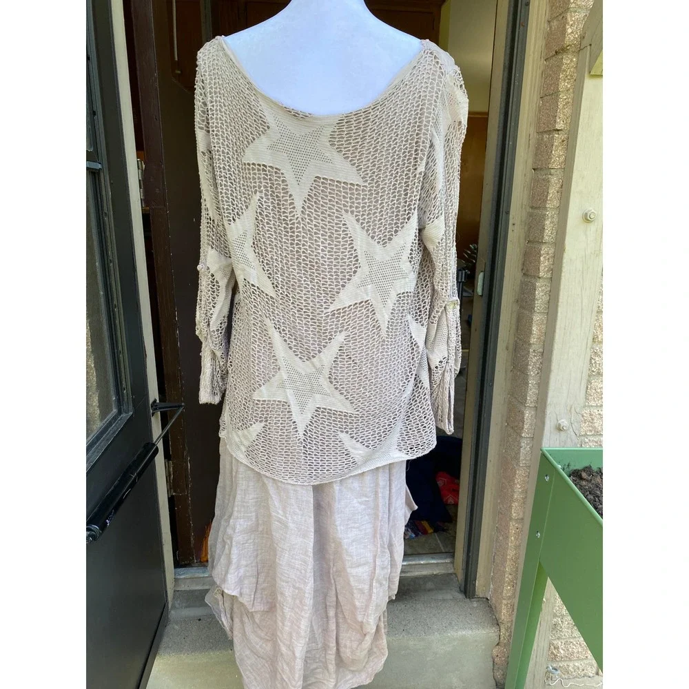 Crochet Star Lace Gauze Pink Midi Dress Large Italy Lagenlook Boho Cottage Fairy